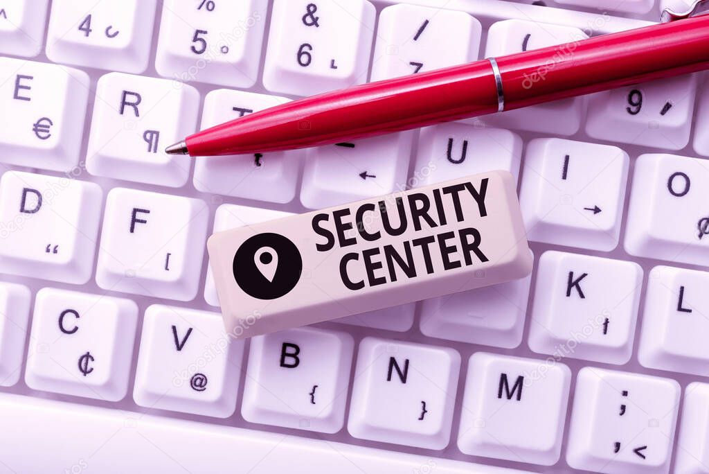 Text caption presenting Security Center. Word for centralized unit that deals with security issues of company Formatting And Compiling Online Datas, Abstract Editing Spreadsheet