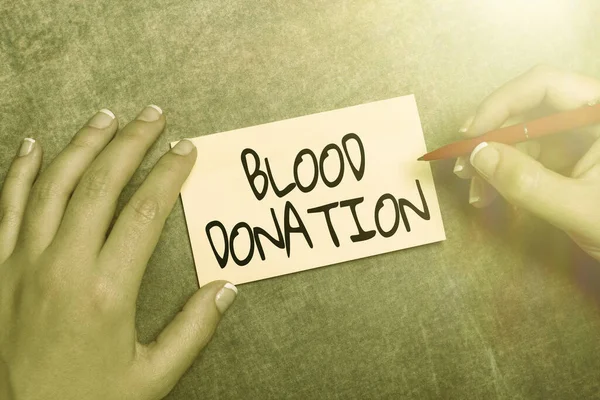 Exhibición conceptual Donación de Sangre. Word for Process of collecting testing and storing whole blood Writing Notas Importantes Dibujo Nuevo Diseño Componiendo Ideas de Letras — Foto de Stock