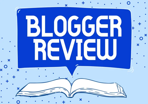 概念的キャプション｜Blogger Review。ブログの重要な再考と要約を行うビジネスコンセプトスピーチバブルで本のイラストを開きます。. — ストック写真