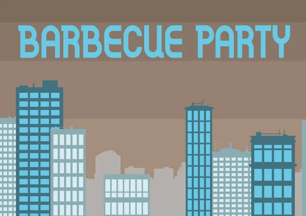 概念表示バーベキューパーティー。ビジネス概要グリルまたは火の上で料理が調理される屋外パーティー複数の高層ビル街のスカイラインを示す描画. — ストック写真