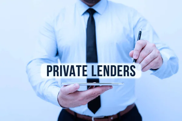 Legenda conceitual Private Lenders. Conceito que significa uma pessoa ou organização que empresta dinheiro para mostrar Apresentando Novas Ideias Tecnológicas Discutindo a Melhoria Tecnológica — Fotografia de Stock