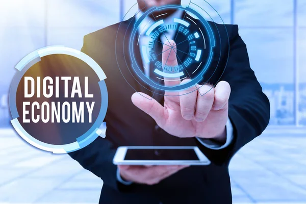Inspiration showing sign Digital Economy. Word Written on economic activities that are based on digital technologies Man In Uniform Standing Holding Tablet Typing Futuristic Technologies. — Stock Photo, Image