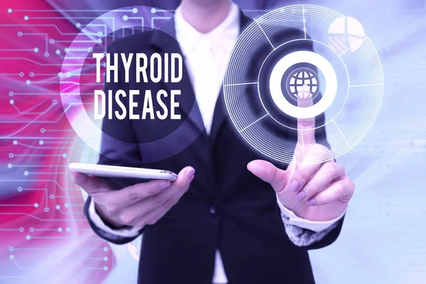 Writing displaying text Thyroid Disease. Word Written on the thyroid gland fails to produce enough hormones Lady In Uniform Holding Phone Pressing Virtual Button Futuristic Technology.