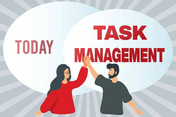 Inspiratie met teken Task Management. Business idee het proces van het beheer van een taak door zijn levenscyclus Happy Colleagues Illustration Giving High Fives aan elkaar. — Stockfoto