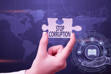 Metin Gösterimi: Yolsuzluğu Durdur. Kavram demek, yeni gelecekçi teknolojilerin kilidini açan el ele tutuşan yap boz parçaları için özel yetkinin kötüye kullanılmasına son vermek demektir..