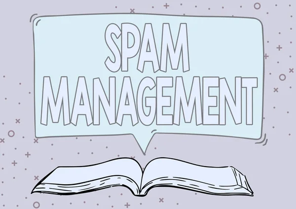 Inspirace ukazuje znamení Spam Management. Obchodní nápad pomáhá snížit nebo filtrovat množství spamu ve vaší schránce Otevřít knihu ilustrace s mluvenou bublinou Prezentování citátu Zprávy. — Stock fotografie