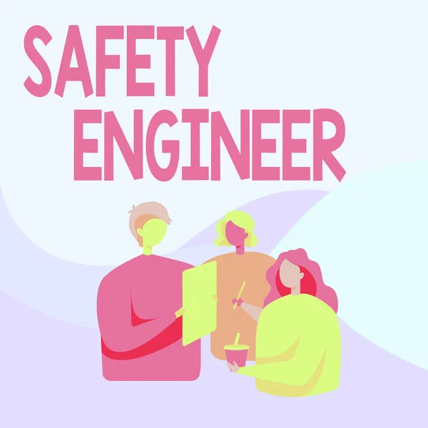 文字标题介绍安全工程师。概念意思是检查工厂里所有可能的危险地点的人同事站在一起互相交谈举行纸杯. — 图库照片