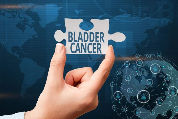 Hand writing sign Bladder Cancer. Business concept form of cancer that begins in the lining of the bladder Hand Holding Jigsaw Puzzle Piece Unlocking New Futuristic Technologies.