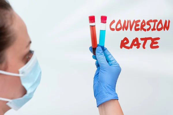 Bildunterschrift: Conversion Rate. Geschäftsansatz Anzahl der Besucher einer Website, die ein gewünschtes Ziel erreichen Testing Medicine And Vaccine For Virus Infection Laboratory Trial Tests — Stockfoto