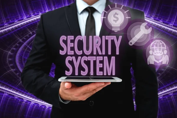 Conceptual caption Security System. Business concept system designed to detect intrusion or unauthorized entry Man In Office Uniform Holding Tablet Displaying New Modern Technology. — Stock Photo, Image