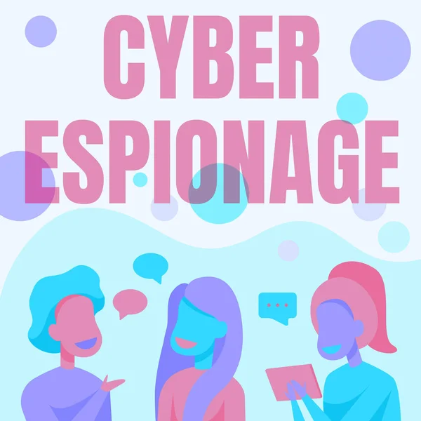 Εννοιολογική λεζάντα Cyber Κατασκοπεία. Written on getting secrets and information without the permission Ευτυχισμένοι φίλοι μιλώντας μεταξύ τους έχοντας διασκέδαση συνομιλία. — Φωτογραφία Αρχείου