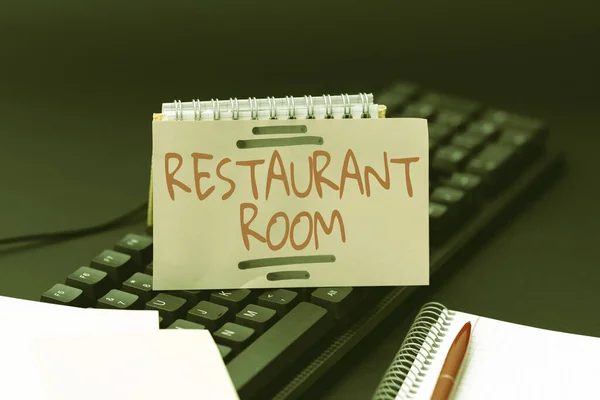 Inspiration visar tecken Restaurang Rummet. Business overview shows pay to sit and eat meals that are cooked and served Sammanfattning Skriva en bra restaurang Review, Beställa mat på nätet Koncept — Stockfoto