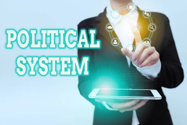 Writing displaying text Political System. Conceptual photo the process for making official government decisions Woman In Uniform Holding Mobile Phone Showing Futuristic Virtual Icons