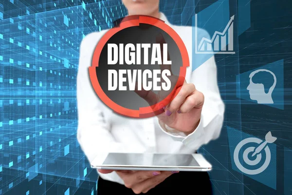 Conceptual display Digital Devices. Business overview physical unit of equipment that contains a microcontroller Lady In Uniform Holding Phone Virtual Press Button Futuristic Technology. — Stock Photo, Image