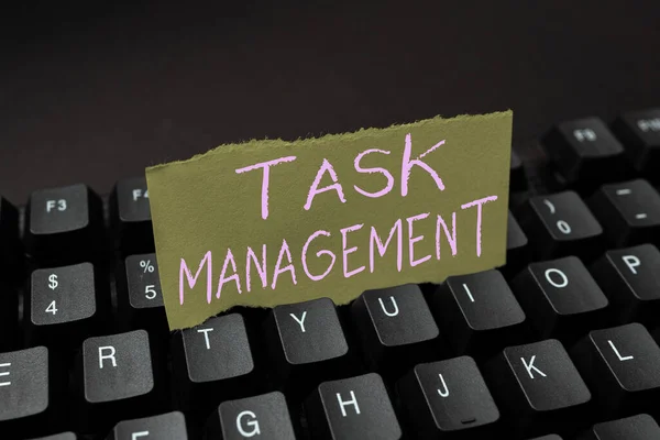 Conceptual caption Task Management. Word Written on the process of managing a task through its life cycle Abstract Typing New Movie Script, Creating Motivational Speech Online — Stock Photo, Image