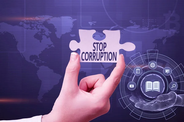 Writing displaying text Stop Corruption. Concept meaning Put an end in abusing of entrusted power for private gain Hand Holding Jigsaw Puzzle Piece Unlocking New Futuristic Technologies. — Stock Photo, Image