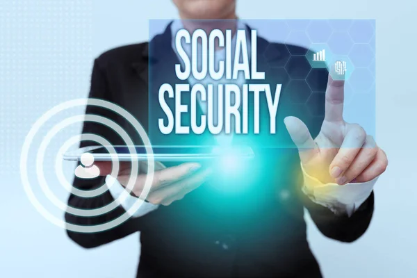 Sign displaying Social Security. Concept meaning government system that provide monetary assistance to showing Woman In Suit Holding Tablet Pointing Finger On Futuristic Virtual Button. — Stock Photo, Image