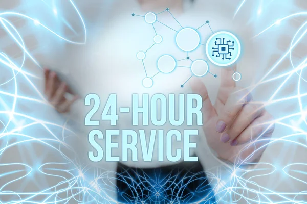 标志显示24小时服务。在虚拟按钮上按下"女士按表"按钮显示未来派技术的业务方法服务，可随时提供，且通常每天提供. — 图库照片