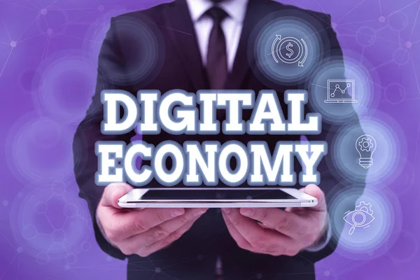 Inspiration showing sign Digital Economy. Business concept economic activities that are based on digital technologies Man In Office Uniform Holding Tablet Displaying New Modern Technology. — Stock Photo, Image