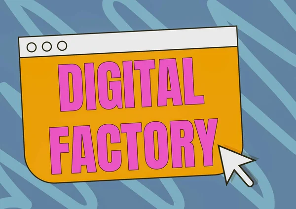 Текст підпису, що представляє Digital Factory. Бізнес-концепція використовує цифрові технології для управління процесом виробництва Барвисті веб-сторінки Малюнок навігації за допомогою вказівника курсора миші нижче . — стокове фото