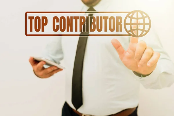 Text sign showing Top Contributor. Internet Concept person who is knowledgeable in a particular category Presenting New Technology Ideas Discussing Technological Improvement — Stock Photo, Image