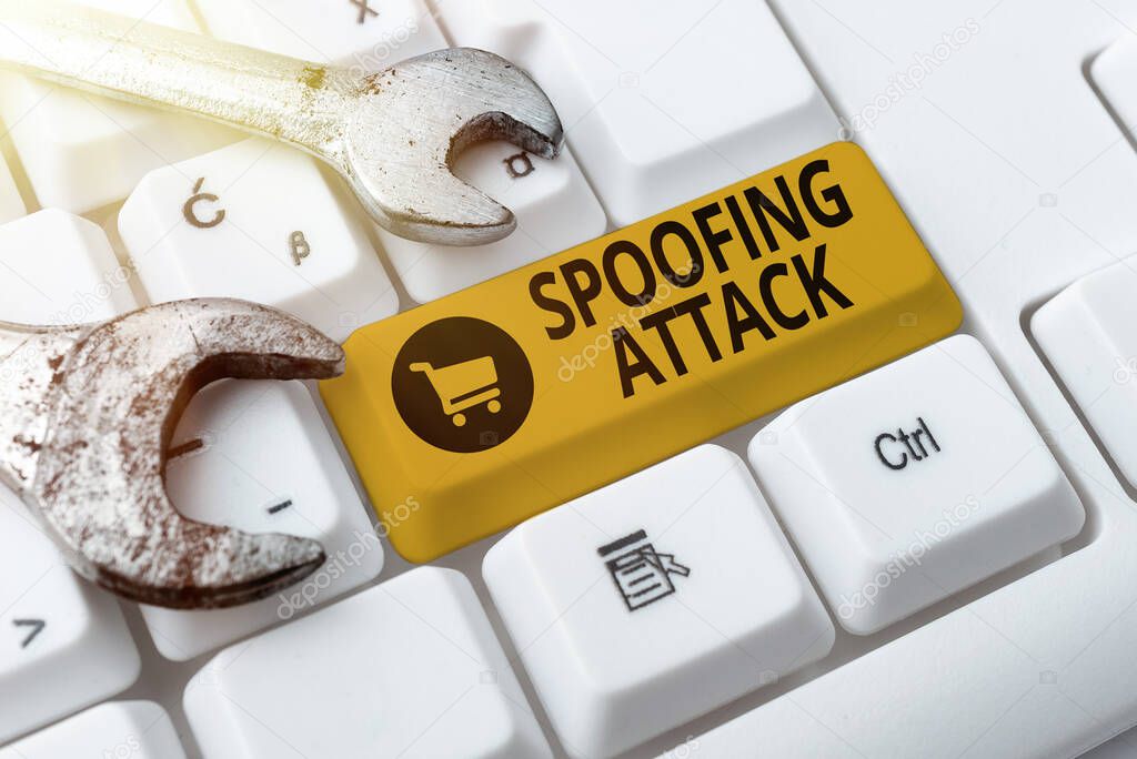 Conceptual caption Spoofing Attack. Business idea impersonation of a user, device or client on the Internet Abstract Fixing Internet Problem, Maintaining Online Connection