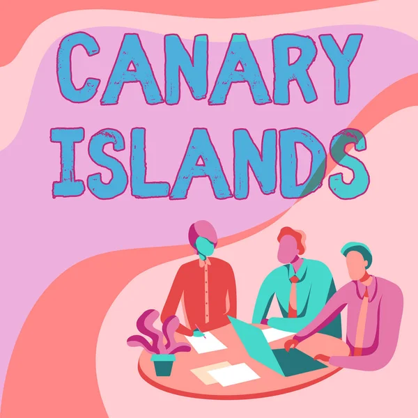 Inspiration mit Zeichen kanarischer Inseln. Geschäftsidee einer Gruppe bergiger Inseln im Atlantik Kollegen, die auf einem Schreibtisch sitzen und mit Laptop diskutieren. — Stockfoto