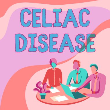 Metin başlığı Çölyak Hastalığı 'nı gösteriyor. İşletme konsepti otoimmün bozukluk öncelikli olarak ince bağırsak meslektaşlarını etkiler. Masaya dizüstü bilgisayarlı çizimler tartışmalı olur..