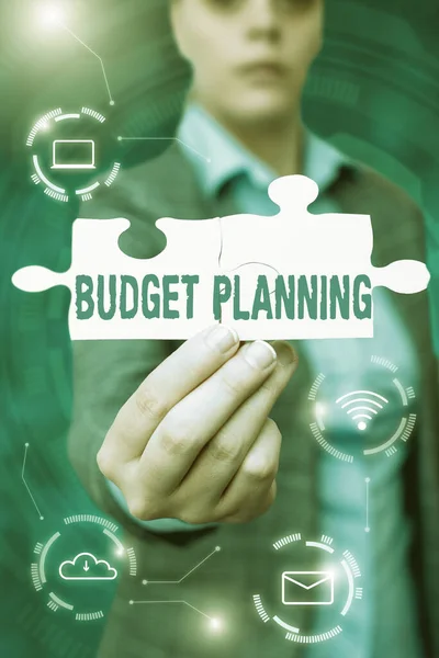 Sign displaying Budget Planning. Concept meaning The written description about current and future expenses Business Woman Holding Jigsaw Puzzle Piece Unlocking New Futuristic Tech. — Stock Photo, Image