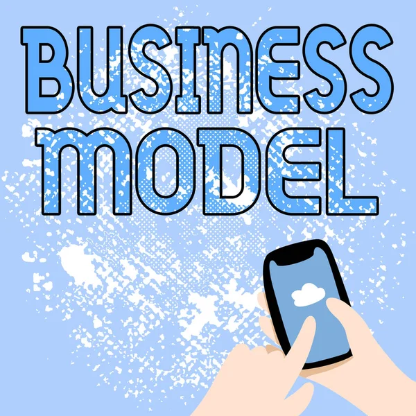 テキストビジネスモデルを表示する書き込み。収益または利益を生み出すために企業が使用する事業概要戦略概要メッセージのオンライン化、グローバル接続の概念 — ストック写真