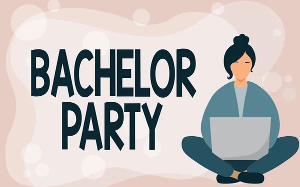 Handwriting text Bachelor Party. Word Written on a party given for a man who is about to get married Young Lady Sitting With Crossed Legs While Using Laptop Showing Relaxation. — Stock Photo, Image