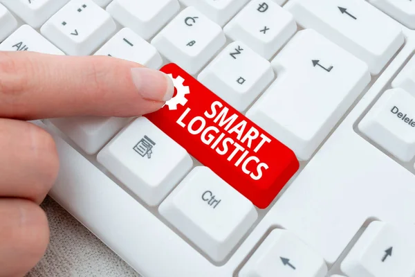 Exibição conceitual Smart Logistics. Integração de ideia de negócio de tecnologia inteligente no sistema logístico Digitação de Ingredientes de Produtos, Abstract Apresentando Teclado Atualizado — Fotografia de Stock