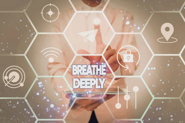 Text caption presenting Breathe Deeply. Business idea to take a large breath of air into your lungs To pause Lady In Uniform Holding Tablet In Hand Virtually Tapping Futuristic Tech.