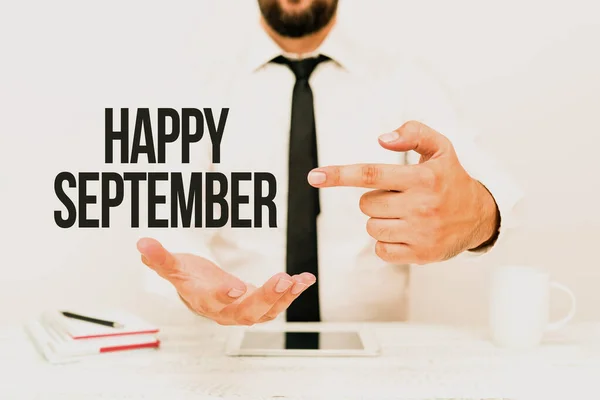 Texto mostrando inspiração Happy September. Visão geral do negócio Acolhendo a alegria pode trazer do nono mês do ano Apresentando Tecnologia de Comunicação Voz Smartphone e Chamadas de Vídeo — Fotografia de Stock