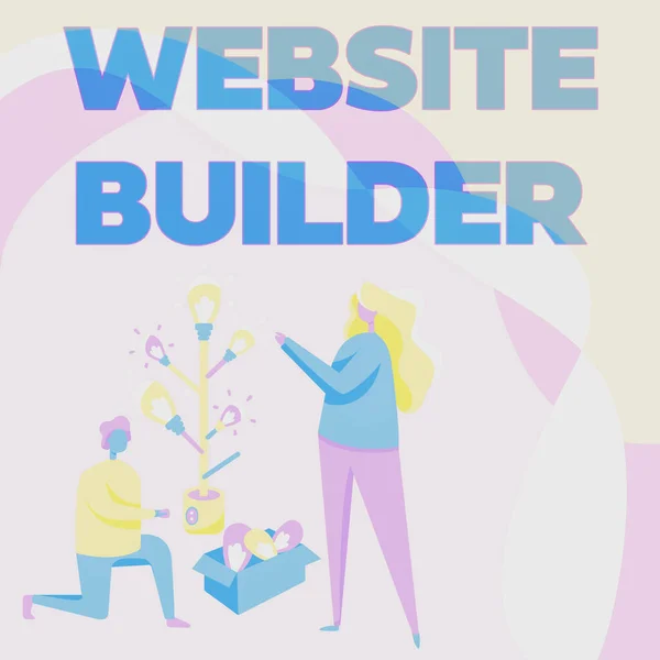 Inspiration zeigt Zeichen Website Builder. Konzept, das die Erstellung von Webseiten ohne manuelle Codebearbeitung bedeutet. Mann und Frau zeichnen kniend im Stehen Glühbirnenbaum zusammenbauen. — Stockfoto