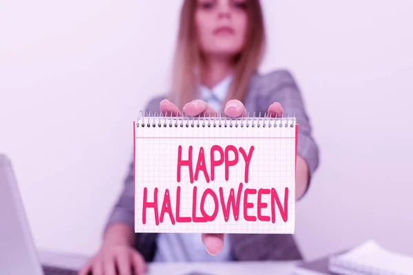 해피 할로윈을 보여 주는 문자 캡션. All Hallows Day Financial Advisor give Money Saving Tips, Entrepreneur Discussing Deals — 스톡 사진