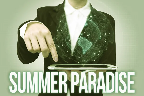 Text sign showing Summer Paradise. Conceptual photo Spending vacation in the an ideal or idyllic place or state Lady Uniform Standing Tablet Hand Presenting Virtual Modern Technology — Stock Photo, Image