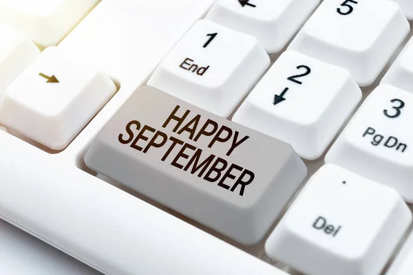 Inspiration zeigt Zeichen Happy September. Konzeptfoto, das die Freude des neunten Monats des Jahres begrüßt Abstract Typist Practising Speed Typing, Programmer Debugging Codes — Stockfoto