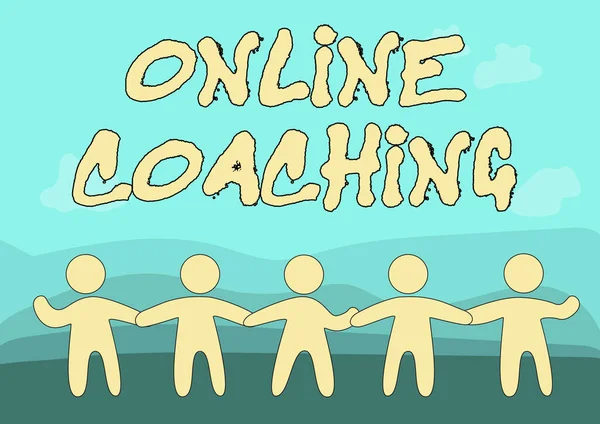 Teksten weergeven Online coaching. Business showcase Leren van online en internet met behulp van een coach Vijf staande mensen die handen trekken Toont Team Support. — Stockfoto