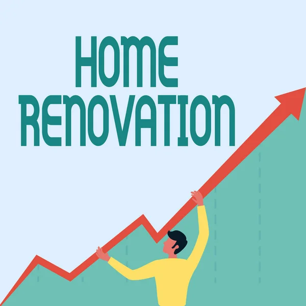 Έμπνευση που δείχνει σημάδι Home Renovation. Internet Concept διαδικασία ανακαίνισης ή κάνοντας προσθήκες σε ένα s είναι το σπίτι Man Drawing Holding Graph Arrow Εμφάνιση Business Growth. — Φωτογραφία Αρχείου
