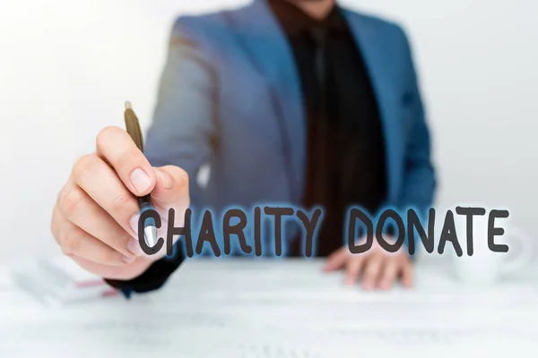 Bildunterschrift: Charity Donate. Geschäftsidee Geschenk von einer Einzelperson an eine gemeinnützige Organisation Diskussion Wichtige Idee Präsentation und Erklärung Business Plan Designs — Stockfoto