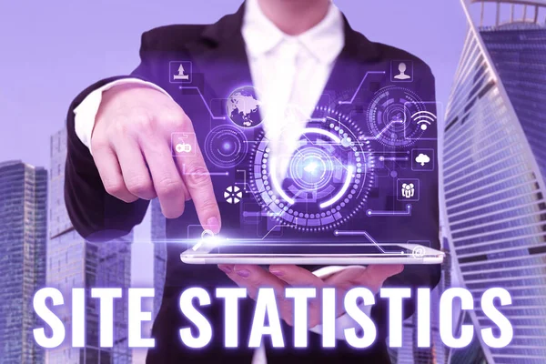 Text sign showing Site Statistics. Business showcase measurement of behavior of visitors to certain website Hand Touching Screen Of Mobile Phone In Office Shows Futuristic Technology. — Stock Photo, Image