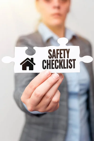 Hand writing sign Safety Checklist. Business concept list of items you need to verify, check or inspect Businesswoman Find Strategy For Resolving Missing Ideas At Office