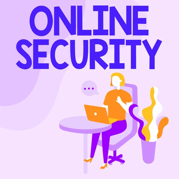 Skilte viser Online Security. Business koncept regler for at beskytte mod angreb over internettet Woman Sitting Office Desk Brug Laptop med tale boble ved siden af plante. - Stock-foto