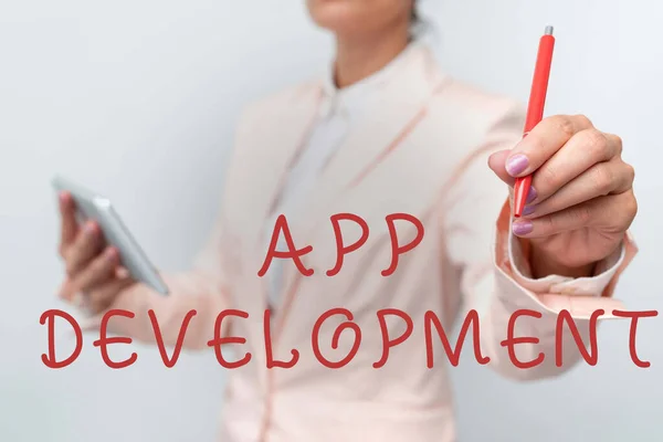 Υπογραφή εμφάνισης App Development. Εννοιολογικές υπηρεσίες ανάπτυξης φωτογραφιών για φοβερές κινητές και διαδικτυακές εμπειρίες Παρουσιάζοντας Ιδέες Νέας Τεχνολογίας Συζητώντας Τεχνολογική Βελτίωση — Φωτογραφία Αρχείου