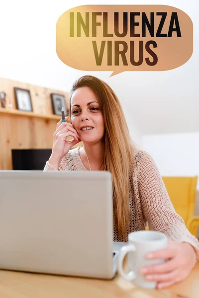インフルエンザウイルスを示すテキスト記号。ビジネス概要インフルエンザウイルスによる感染症ソーシャルメディアインフルエンサーオンラインプレゼンス、ビデオブログのアイデアを作成 — ストック写真