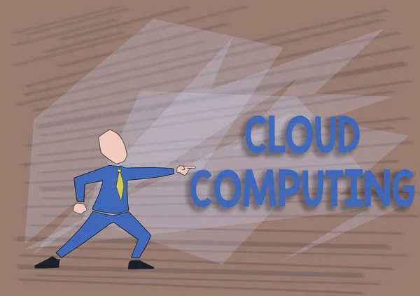 Koncepční displej Cloud Computing. Koncepce Internetu používat síť vzdálených serverů hostovaných na Internet Man In Suit Drawing ukazující dopředu vedení. — Stock fotografie