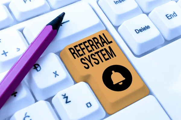 Conceptual caption Referral System. Business overview sending own patient to another physician for treatment Typing Online Tourist Guidebook, Searching Internet Ideas And Designs — Stock Photo, Image