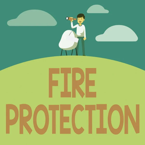 Text sign showing Fire Protection. Business overview measures taken to prevent fire from becoming destructive Man Binoculars Illustration Standing Chair With Sign Looking Opportunities. — Stock Photo, Image