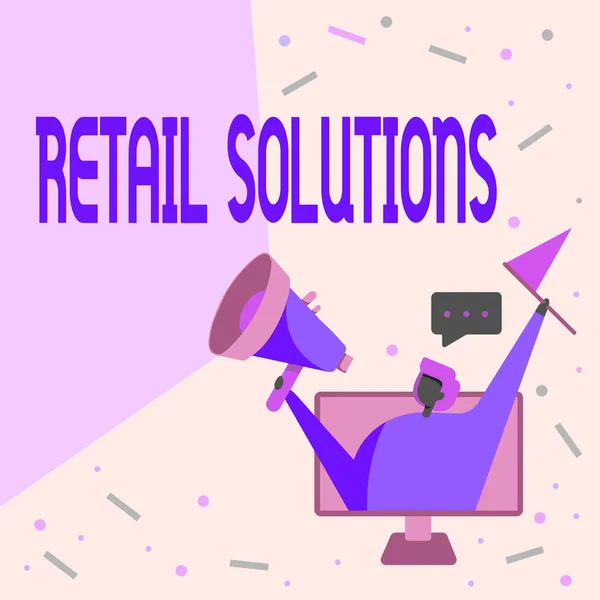 Texte manuscrit Retail Solutions. Mot écrit sur le processus de promotion d'une plus grande vente et satisfaction de la clientèle Dame à l'intérieur d'un écran de moniteur dessin tenant mégaphone et drapeau. — Photo